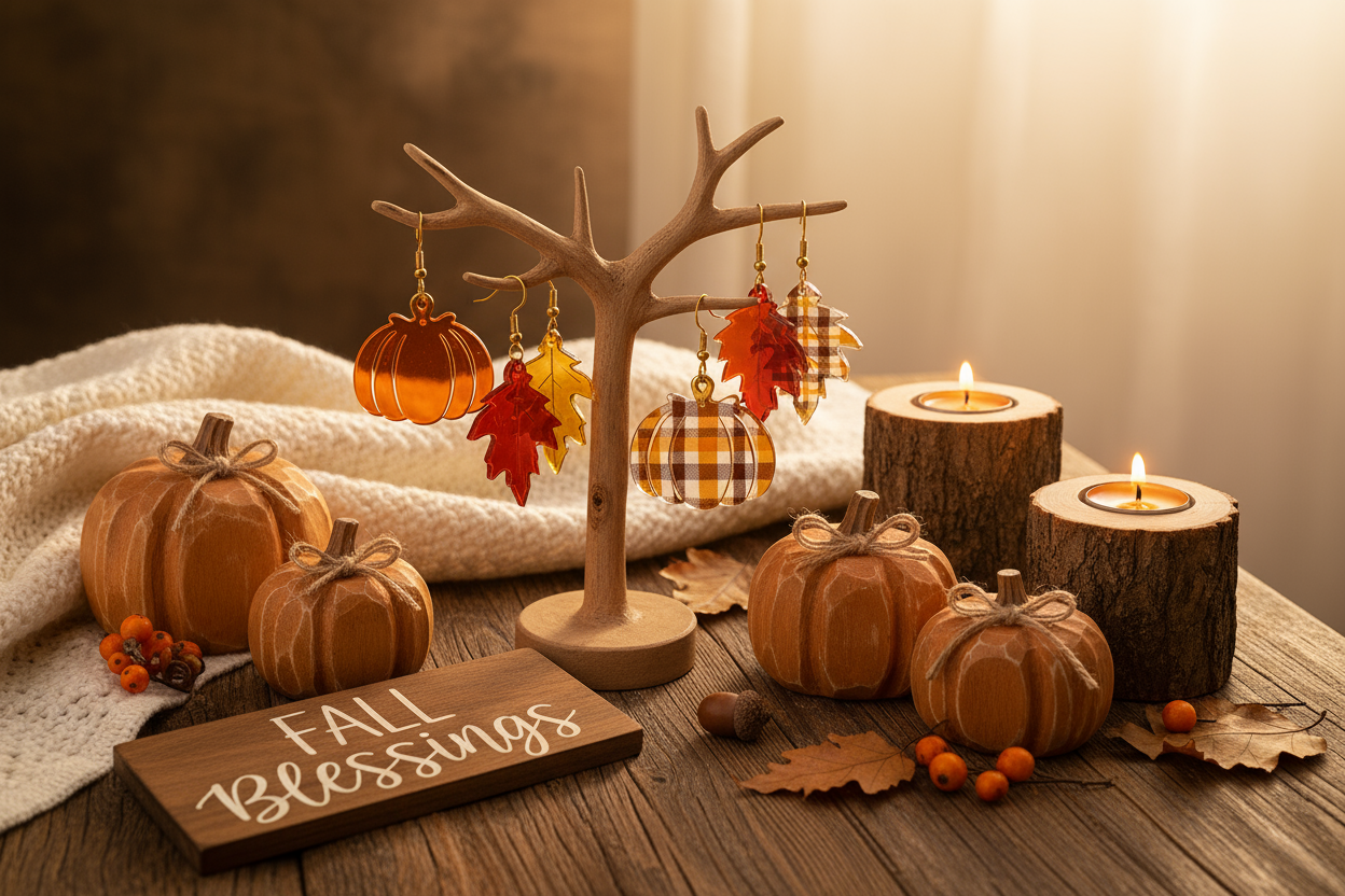 seasonal acrylic earrings and wood home decor